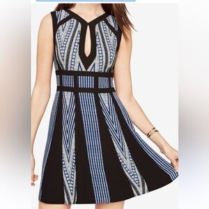 BCBGMaxAzria Perla print blocked sleeveless dress. Sz4 A line. Blue/white/black